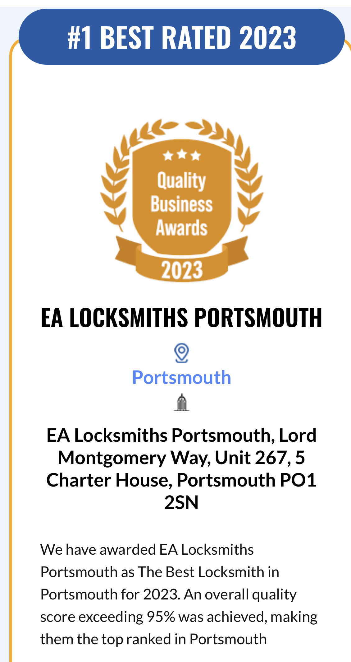 Eddie at EA Locksmiths in Portsmouth receives number 1 best rated locksmith status